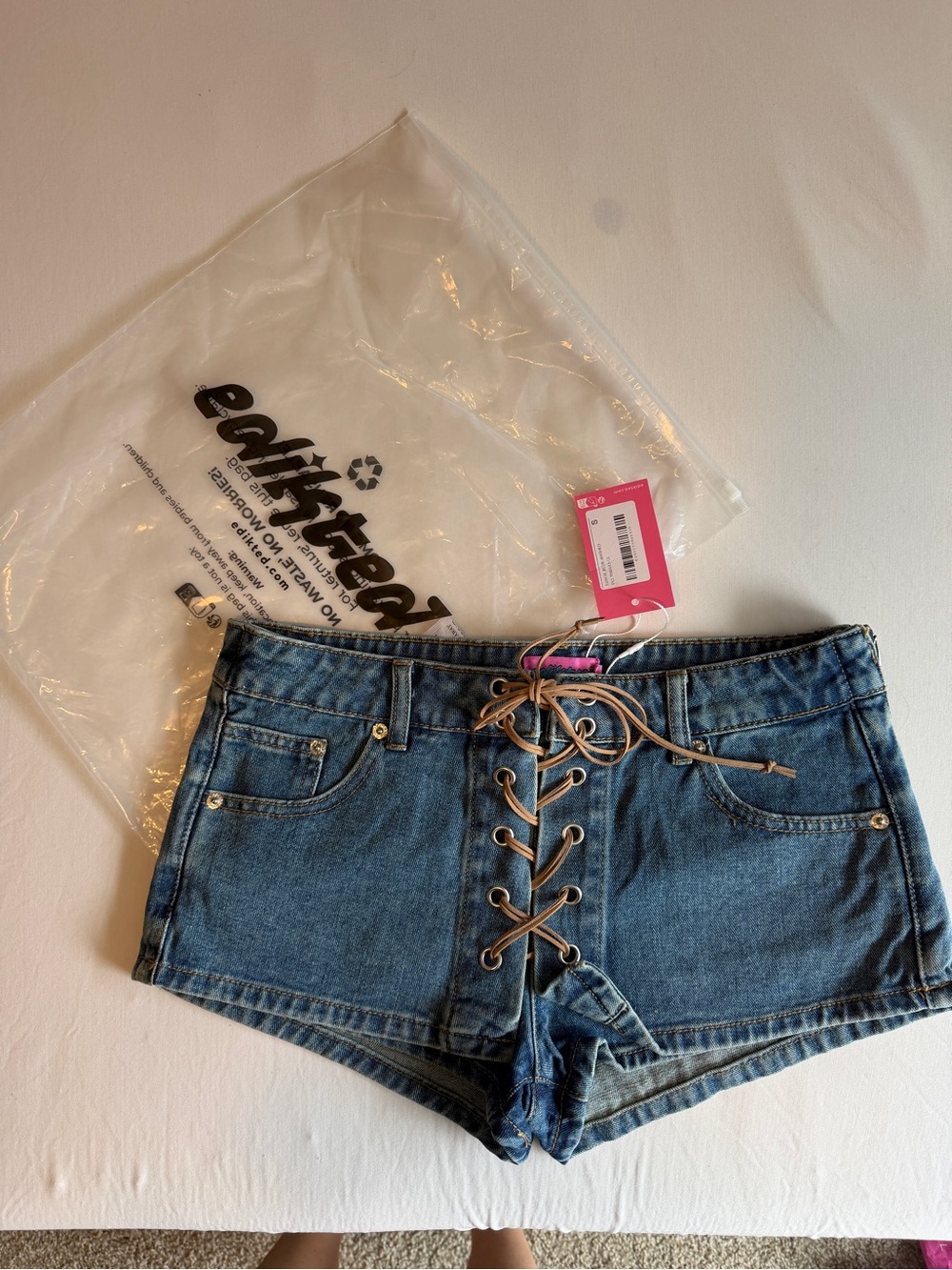 (NEW) edikted blue denim skort with lace up detail, size S